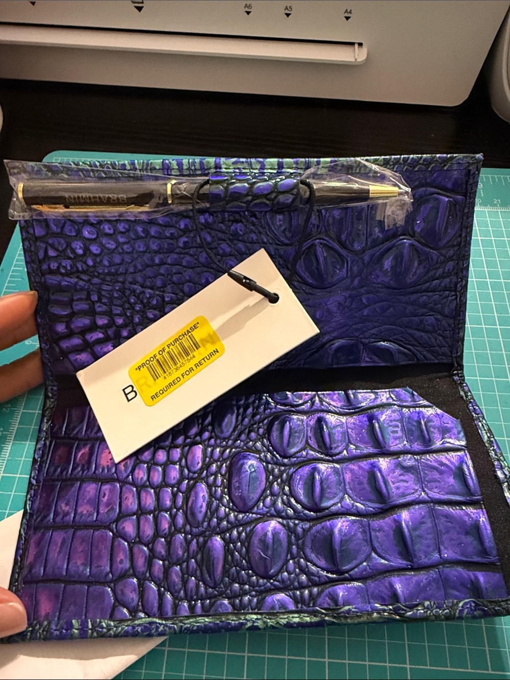 Brahmin Iridescent Purple Green Croc-Embossed Checkbook Holder - Picture 2 of 3